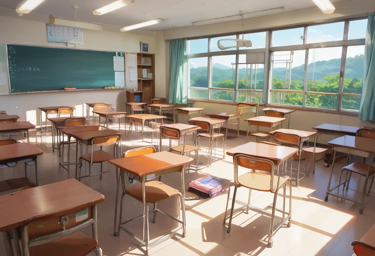 score_9, score_8_up, score_7_up, rating_safe, masterpiece, best quality, absurdres, unity 8k wallpaper, official art, official style, source_anime, uncensored, game cg, megami magazine,
kyoshitsu, classroom, scenery, chalkboard, window, school, indoors, clock, sunlight, school desk, bulletin board, shade, curtains, school chair, ceiling light, shadow, artist name, book, chinese text, ceiling, day, paper, from behind
<lora:gakkou_kyoshitsu_PONY_V1:1>