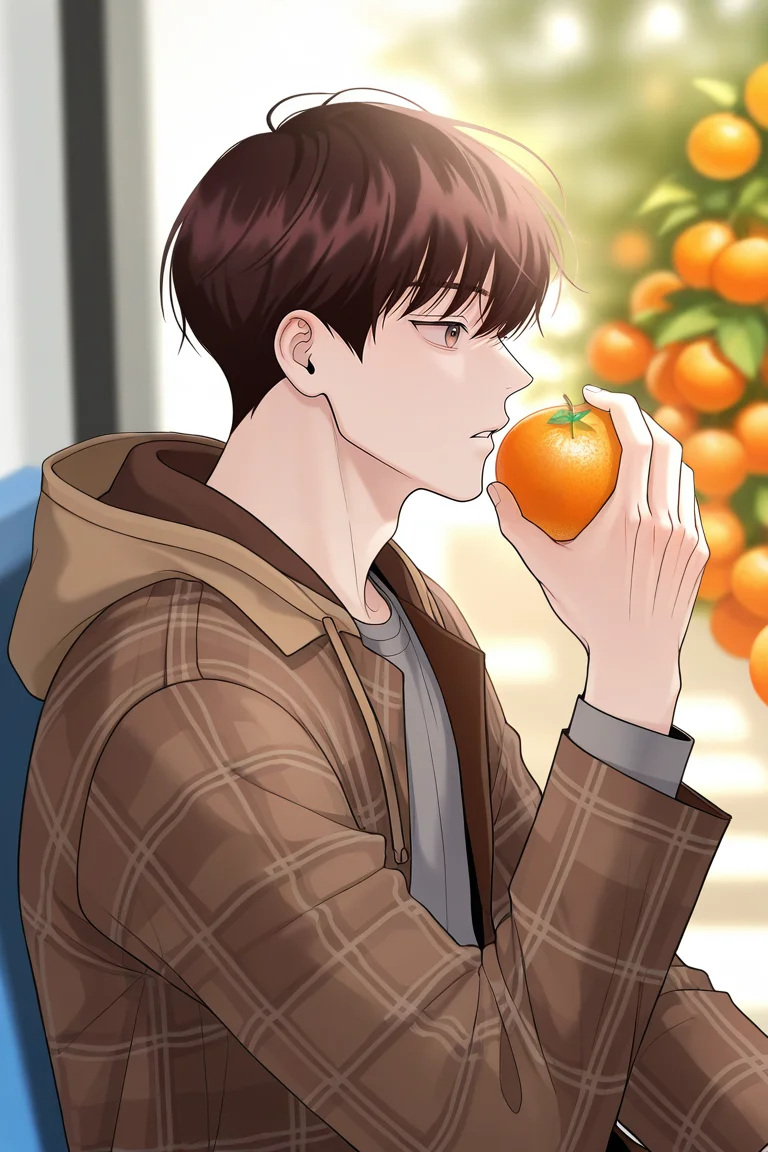 masterpiece, best quality, amazing quality, very aesthetic, high resolution, ultra-detailed, absurdres, newest, scenery, volumetric lighting, depth of field,anime screencap, , , 1boy, solo, male focus,<lora:yoil:0.70>,won yo il,dark brown hair,brown eyes,short hair,shirt, long sleeves, holding, sitting, jacket, upper body, parted lips, open clothes, food, brown hood, blurry, plaid, blurry background, fruit, hood down,1 hand holding food,grey shirt, brown jacket, holding fruit, orange (fruit), plaid jacket,from side