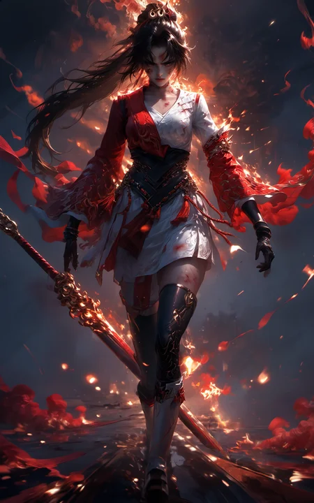 score_9,score_8_up,score_7_up,
Overall Detail,(best quality:1.1),(masterpiece:1.2),(detailed:1.1),(highres, best quality:1.2),(ultra HD quality details)(anime_source) (dynamic angle) very aesthetic,rating_questionable,uncensored,
<lora:YunYingPonySSS5:1>,yunying,1girl,solo,
gloves,boots,thighhighs,long sleeves,wide sleeves,(knee boots:1.7),skirt,leather waist guard,red and white outfit,brown hair,red cord,tassel accessory,
black hair,medium breasts,
sweat glistening,(blood:0.2),(injured:0.8),((fire)),flame background,hair,hair between eyes,((blood)),(((too many scars))),
straight_hair,(((((very long hair))))),portrait center,wind-blown hair,wind,hair floating free,deadpan,
scrabbed,complex background details,exaggerated special effects,human  purgatory,a cold expression,
screen burning,
huge filesize,wallpaper,game cg,(((wounding on the face))),(((there is blood on the face))),full of scars,scars and bruises,(bruise:1.4),(injury:1.5),
full_shot,(standing:1.3),Dynamic Angle,(magnifire:1.1),flame ground,(flame background:1.4),
the picture is full of fire,a woman born of fire,fighting_stance,
a heroic gesture,handsome posture,(gorgeous action:1.2),
Add flames on the ground and in the sky,creating a fiery landscape.,fisheye,foreshortening,cinematic_angle,
cool pose,confident,elegant movement,fluid,dynamic,heroic,confident,graceful,(dark:1.2),undead bird,burning,ponytail,a shocking scene,shocking,wind,shiny skin,walk on the flame,red and white skirt,(feet:1.2),