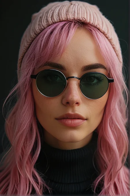 portrait of a beautiful 25-year-old woman with pink hair wearing a black beanie and (wearing round glasses:1.2) and wearing a black turtleneck, highly intricate eyes, natural skin texture, realistic skin texture, (skin pores:0.8), (skin oils:0.6), black and pink background, highly detailed, Fine art photography, award winning photography, film grain, taken on a hasselblad medium format camera, <lora:- SDXL - vanta-black_contrast_V3.0:0.6> <lora:MJ52:0.4>