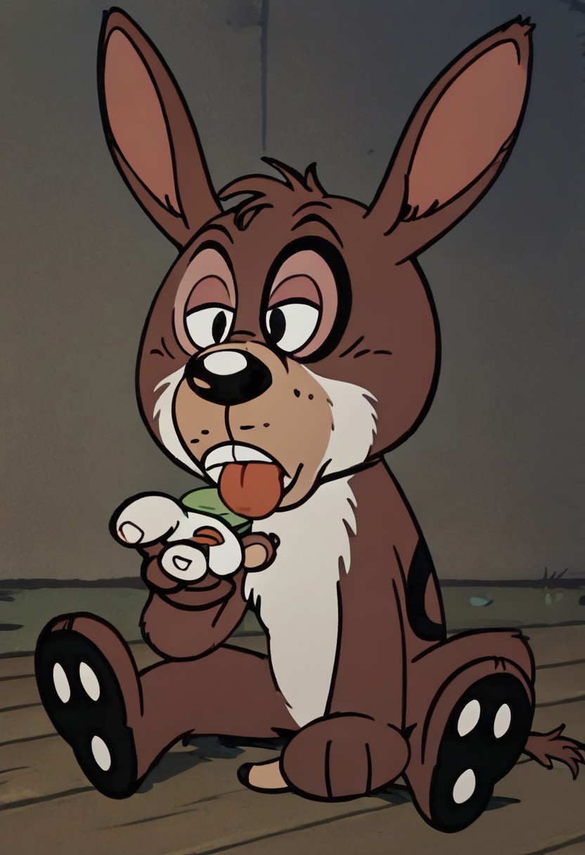 (score_9 | score_8_up | score_7_up) ((masterpiece:1))(best quality,very high quality,ultra detailed:1.2) (2D,cartoon style,anime style)(Smooth:2)(clean blurring) (four fingers on each hand,one thumb on each hand:1), solo, charles, dog, black spot on left eye, white fur, paw, dog paws, donkey dog hybrid, Full Donkey, half donkey, donkey head, donkey ears, donkey tail,