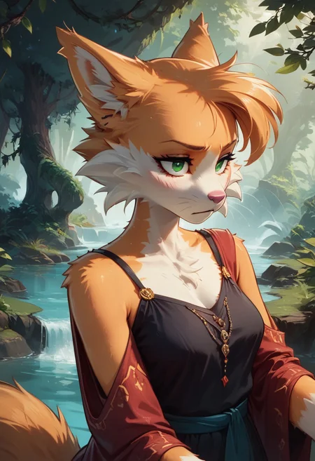 score_9, score_8_up, score_7_up, Rolo, 1girl, solo, animal ears, furry female, body fur, animal nose, white fur, green eyes, short hair, tail, fox ears, fox girl, two-tone fur, fox tail, orange fur, highly detailed, intricate, zzCitronCAT, enchanted grotto scenery