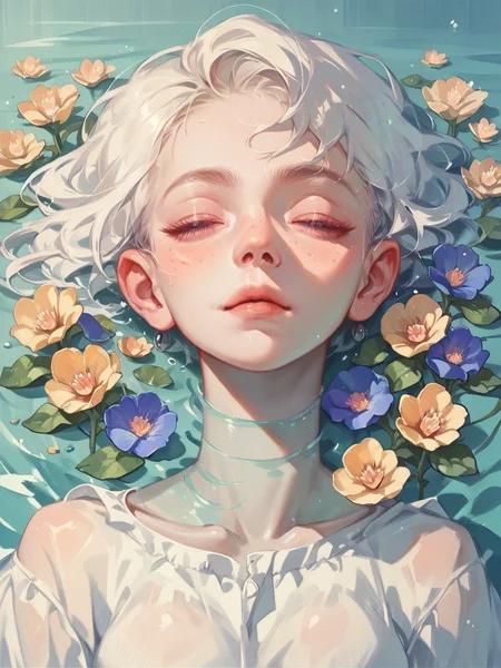 score_9, score_8_up, score_7_up, score_6_up, score_5_up, score_4_up,   <lora:blu3sXLP:0.7> blu3s, 1girl, water, flowers