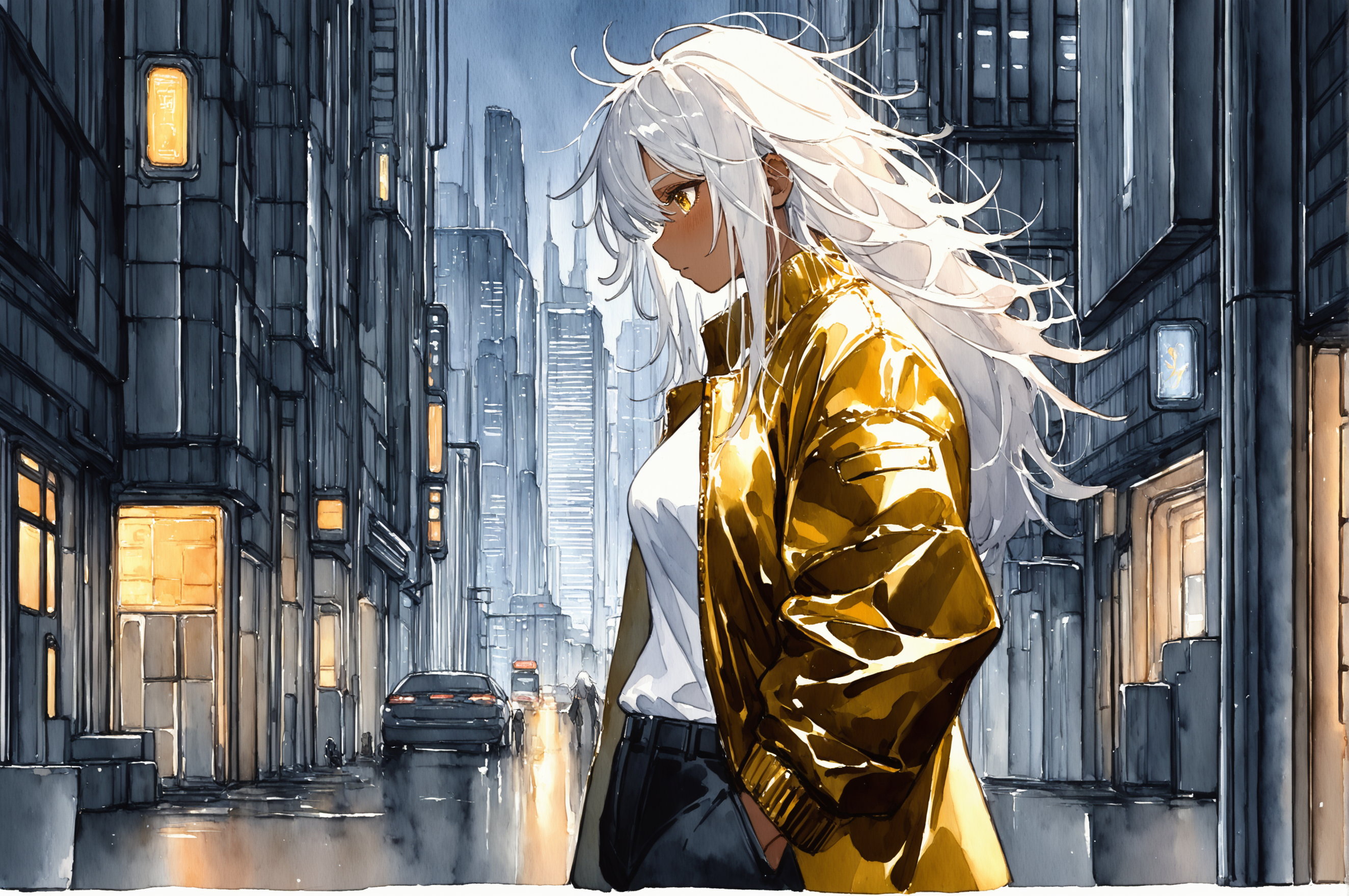 masterpiece, best quality, amazing quality, very aesthetic, high resolution, ultra-detailed, absurdres, newest, rim light, (watercolor_\(artwork\):1),<lora:WCXLN2dot0:0.9>, science fiction, cityscape, city, street, 1girl, dark-skinned female, dark skin, solo, white hair, long hair, gold jacket, white t-shirt, black pants, straight hair, messy hair, golden eyes, mature female, breasts, tall,