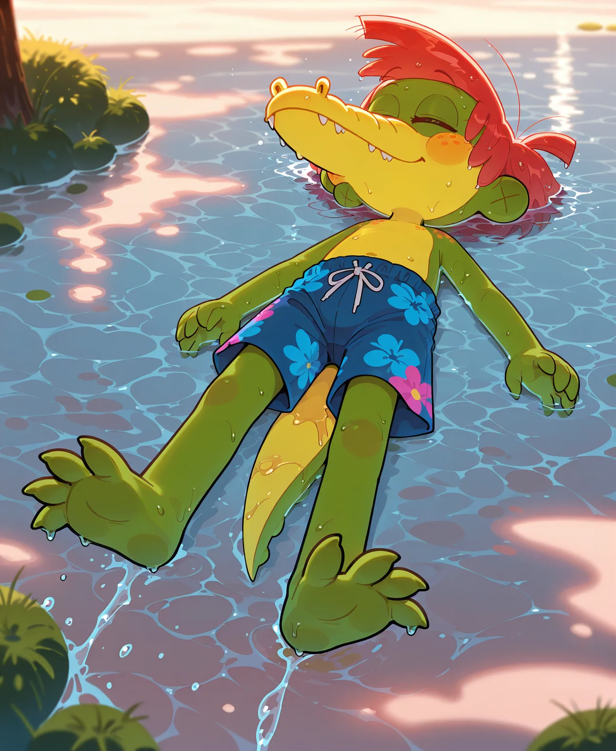 <lora:ArloIllustrious:1> Arlo Beauregard, alligator, red hair, freckles, young, scalie BREAK
wet, relaxing, feet, floating, sleeping, on back high-angle view, water, swimming trunks, safe, happy, BREAK
<lora:spo_sdxl_10ep_4k-data_lora_webui:1> highly detailed, detailed background, absurdres, high resolution, 8K, highres, 4k, 2k, high detail, masterpiece, best quality, amazing quality, very aesthetic, absurdres, newest, scenery, ultra-detailed, newest, scenery, volumetric lightingâââ