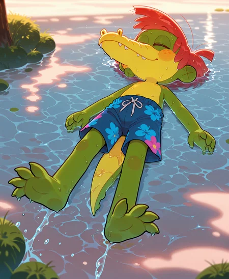 <lora:ArloIllustrious:1> Arlo Beauregard, alligator, red hair, freckles, young, scalie BREAK
wet, relaxing, feet, floating, sleeping, on back high-angle view, water, swimming trunks, safe, happy, BREAK
<lora:spo_sdxl_10ep_4k-data_lora_webui:1> highly detailed, detailed background, absurdres, high resolution, 8K, highres, 4k, 2k, high detail, masterpiece, best quality, amazing quality, very aesthetic, absurdres, newest, scenery, ultra-detailed, newest, scenery, volumetric lightingâââ