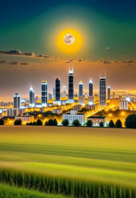 a huge hilly field covered with grass with partially clayey inclusions, green and brown boxes are visible very far away, also behind the hills narrow black skyscrapers with white windows with a yellowish tint are visible, green and brown boxes are visible far away, a dimly lit and dull black building with an orangish glow from sunset, you can see a small white bright advertisement with incomprehensible outlines, black skyscrapers with light yellow windows topped with metal structures standing right in the middle of the field reflect the light of the moon, in the distance you can see small two-story buildings with very small windows and a chimney, a little closer near the skyscrapers you can also see small two-story buildings buildings with very small windows and a chimney, not all skyscrapers are topped with metal structures, the sky on the horizon is from dark red to yellowish which sees off the departing sun, the moon is on the opposite side, the sky is soft blue topped by the moon on the opposite side of the sun, and a few stars, clouds light white very transparent barely visible,