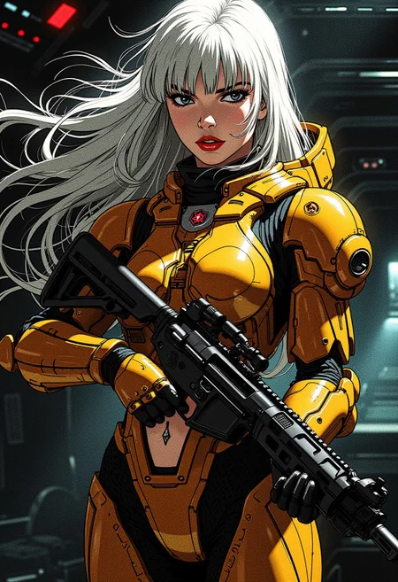 Chiaroscuro Lighting Style, Covered in shadows, 1girl, white flowing hair, bangs,red lips, smooth skin, yellow power armour with red detailing, , navel cutout, pierced navel, cowboy shot, holding assault rifle, glancing at viewer, on board sci-fi spaceship, silhouetted