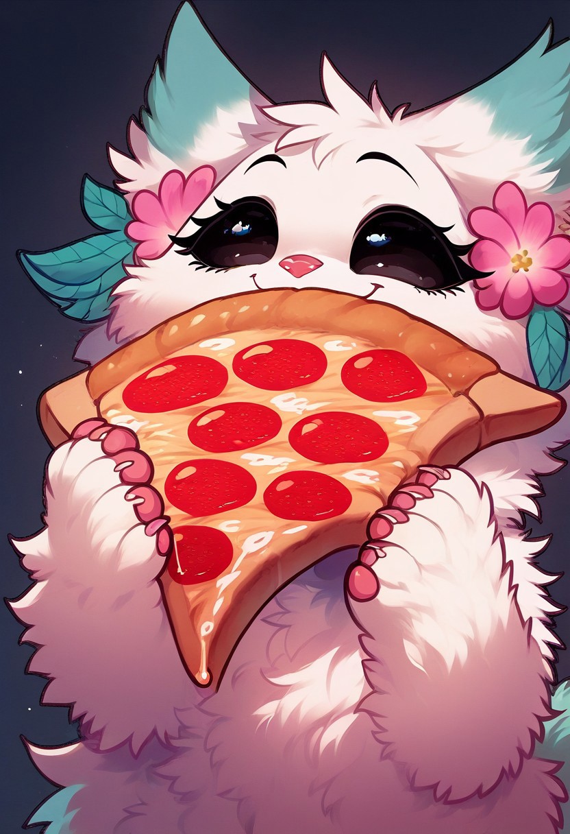 score_9, score_8_up, score_7_up,1girl, Minto, white fur, black sclera, black eyes, pink nose, paws, tail, turquoise edges at the ears, open mouth, happy, holding a piece of pizza