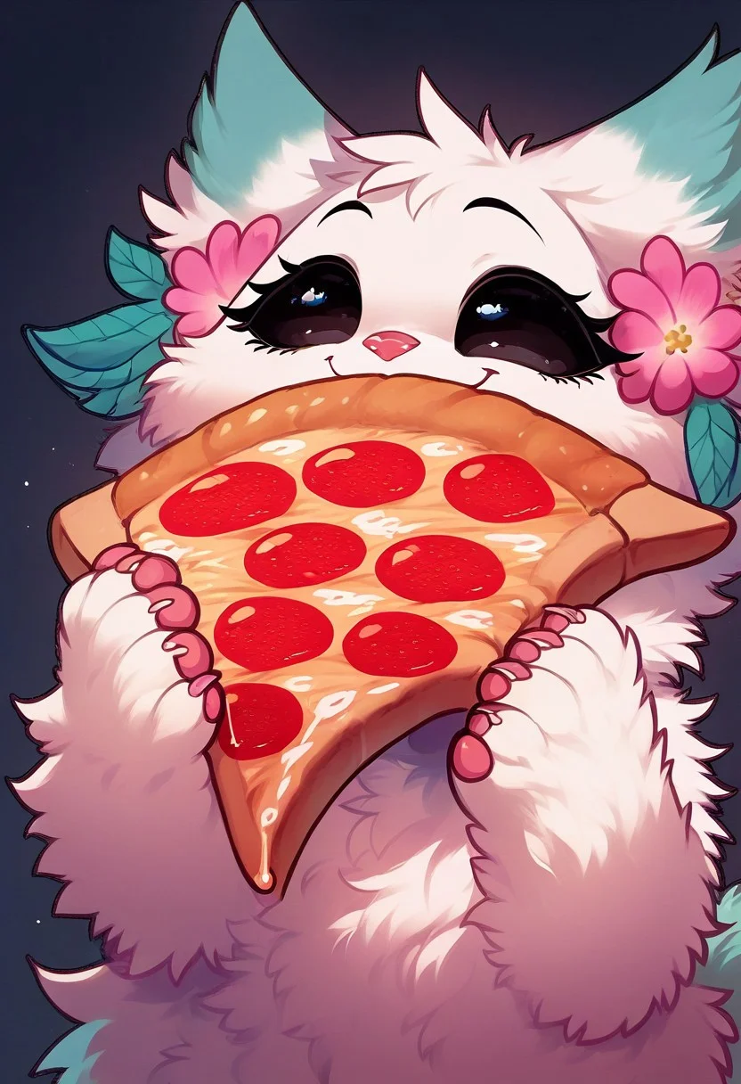 score_9, score_8_up, score_7_up,1girl, Minto, white fur, black sclera, black eyes, pink nose, paws, tail, turquoise edges at the ears, open mouth, happy, holding a piece of pizza