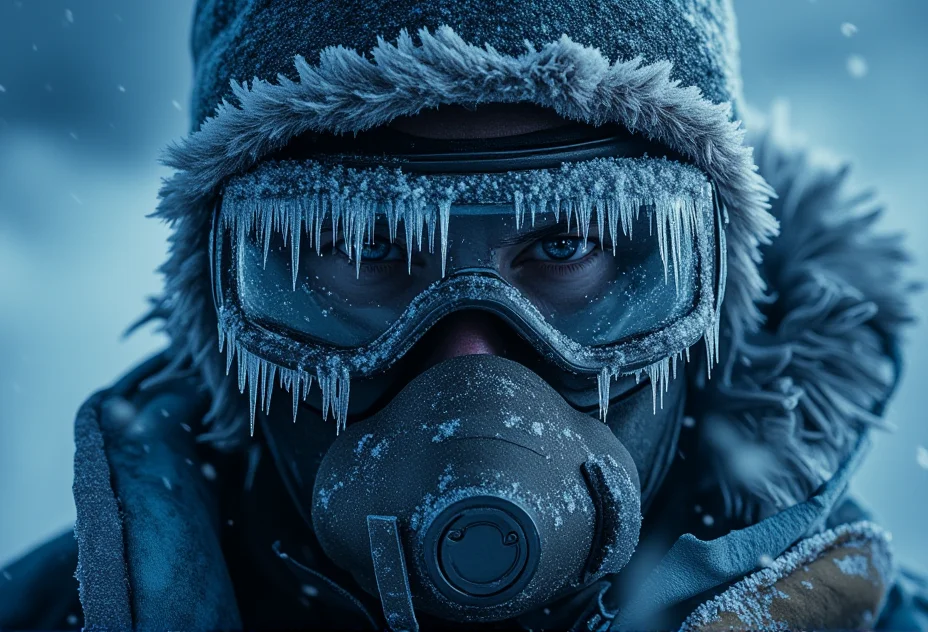 medium shot of a grizzled scout with frostbitten skin in frost-encrusted goggles and breathing mask. Snowflakes cling to their fur-lined hood, and frost crystals form patterns on their clothing. In the background, a faint light source barely illuminating the dense snowfall around. The entire scene is filled with a bluish tint, enhancing the cold, harsh environment. Lighting is soft and diffused by thick, overcast skies, creating a bleak ambiance. The shot type is A portrait with intricate frost details on the goggles, mask, and clothing. Scene details include heavy snow falling steadily, adding a sense of cold isolation. Texture and Detail are extremely high-resolution, focusing on frost patterns on every visible surface. Mood is tense and eerie, as if danger lurks in the silence. bv-fropunsty<lora:bv-frostpunk-style-v1.safetensors:1.0:1.0>