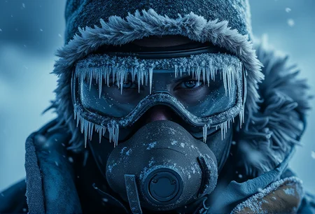 medium shot of a grizzled scout with frostbitten skin in frost-encrusted goggles and breathing mask. Snowflakes cling to their fur-lined hood, and frost crystals form patterns on their clothing. In the background, a faint light source barely illuminating the dense snowfall around. The entire scene is filled with a bluish tint, enhancing the cold, harsh environment. Lighting is soft and diffused by thick, overcast skies, creating a bleak ambiance. The shot type is A portrait with intricate frost details on the goggles, mask, and clothing. Scene details include heavy snow falling steadily, adding a sense of cold isolation. Texture and Detail are extremely high-resolution, focusing on frost patterns on every visible surface. Mood is tense and eerie, as if danger lurks in the silence. bv-fropunsty<lora:bv-frostpunk-style-v1.safetensors:1.0:1.0>