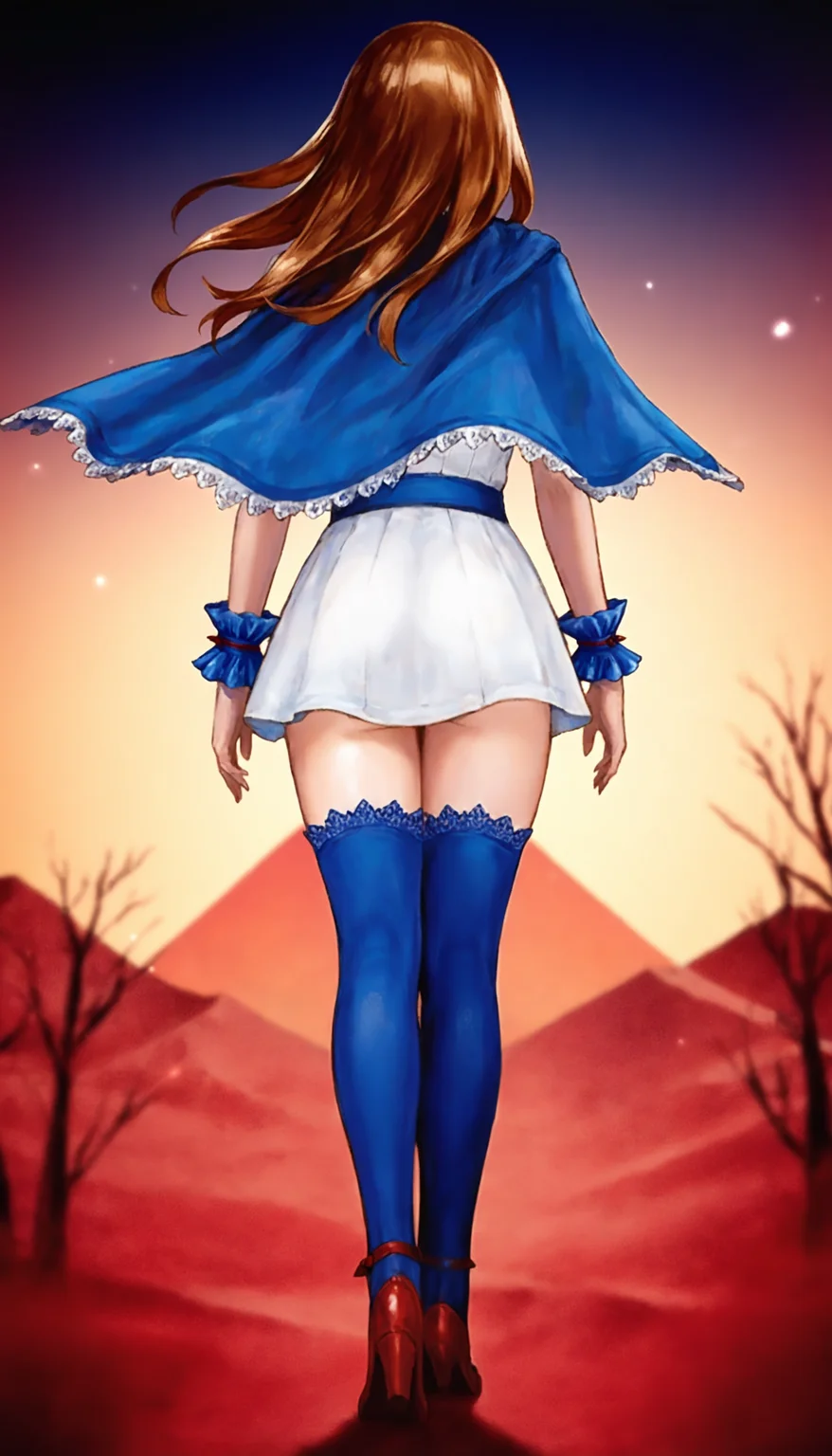masterpiece,best quality,amazing quality,
<lora:charlotteAullinNAI:1>,charlotteaulin,
1girl,solo,
brown hair,long hair,
blue eyes,looking at viewer,smile,blue cape with white lace trim,
white lace trim collar,white dress,blue wrist cuffs,short puffed sleeves,blue lace thigh socks,red heels,
walking,back view,perspective,from below,
blurry background,depth of field,vignetting,light particles,soft lighting,
black sun,pyramid in the background,desert,heat wave,bare tree,