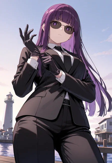 masterpiece, best quality, 1girl, solo, purple hair, long hair, blunt bangs, black suit, suit, formal, black jacket, sunglasses, dock, harbor, outdoors, adjusting clothes, adjusting gloves, cowboy shot, from below, purple eyes, bright pupils, pant suit, black pants, black necktie, lighthouse, looking at viewer, closed mouth