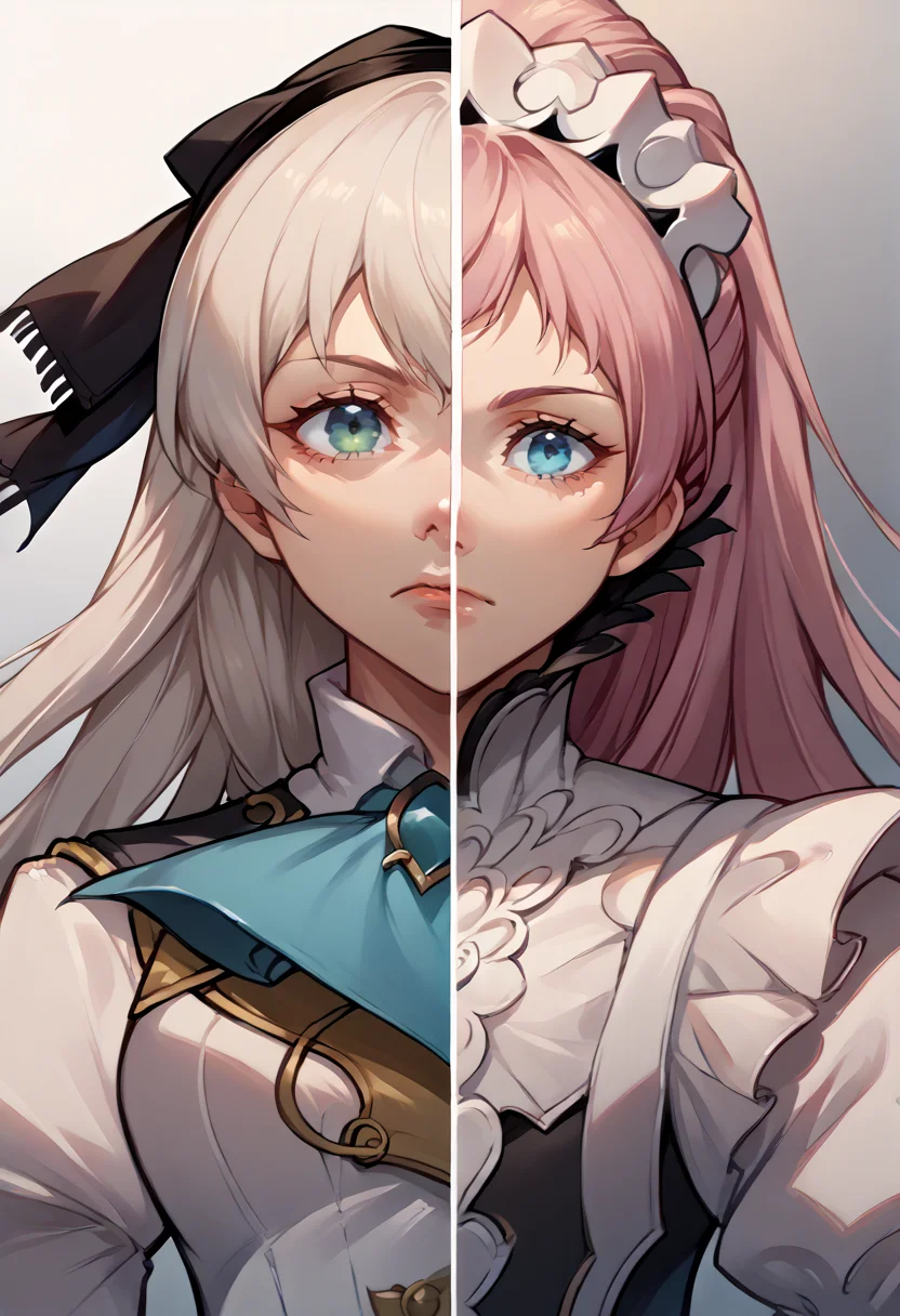 score_9, score_8_up, source_anime, <lora:Splitscreen_XLPD:0.6>, upper body, split screen, splitscreen,
BREAK <lora:elie-pdxl-nvwls-v1:1>, zeroElie, black hairband, hair ribbon, long hair, ascot, uniform, white dress,
BREAK <lora:felicia-fe-richy-v1_xl:1>, feliciadef, pink hair, ponytail, blue eyes, maid headdress,