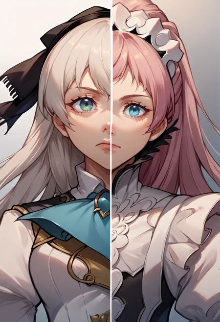 score_9, score_8_up, source_anime, <lora:Splitscreen_XLPD:0.6>, upper body, split screen, splitscreen,
BREAK <lora:elie-pdxl-nvwls-v1:1>, zeroElie, black hairband, hair ribbon, long hair, ascot, uniform, white dress,
BREAK <lora:felicia-fe-richy-v1_xl:1>, feliciadef, pink hair, ponytail, blue eyes, maid headdress,
