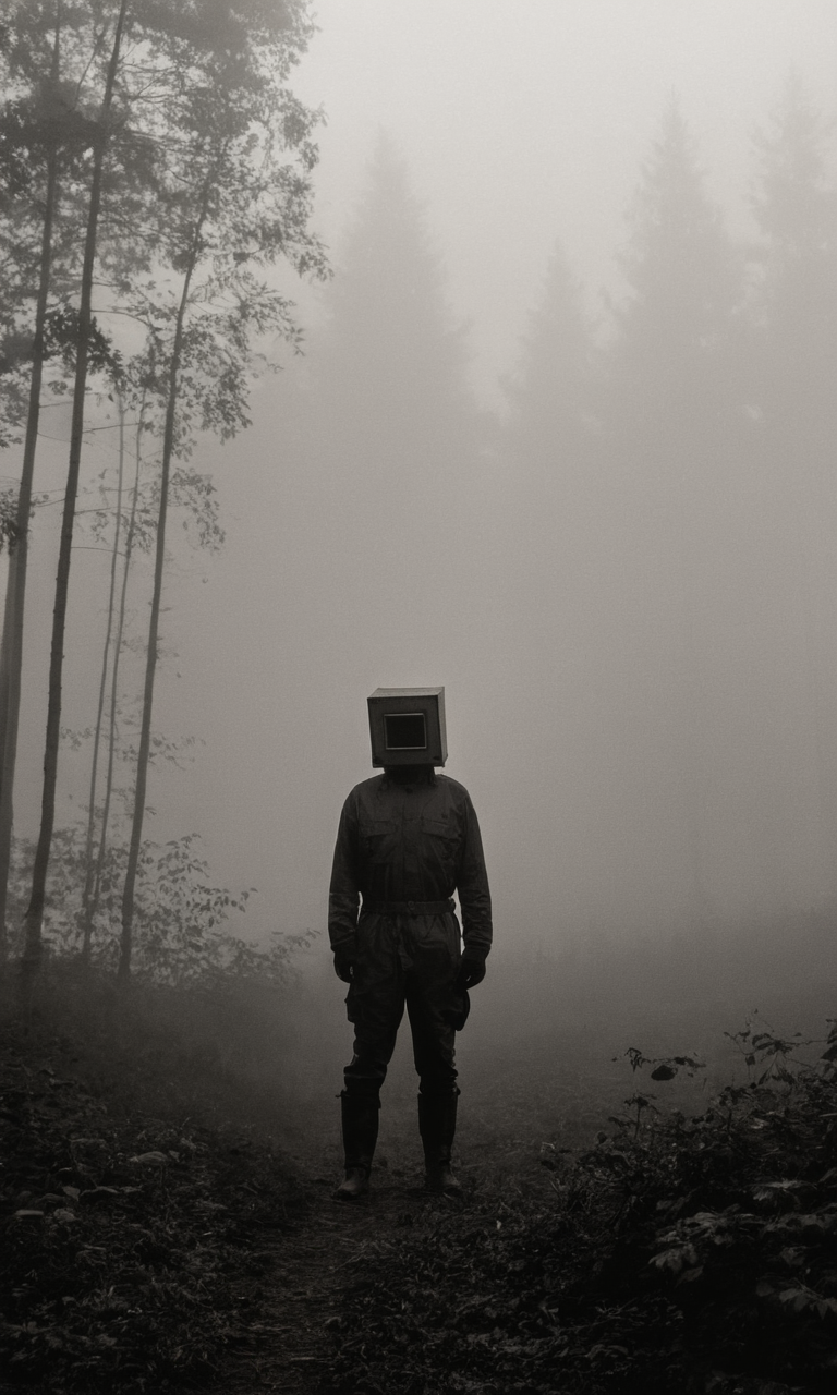 man standing, box head, fog, forest, mist, huleebstyle, monochrome, helmet, dark, <lora:HuleebStyle_v1:0.85>