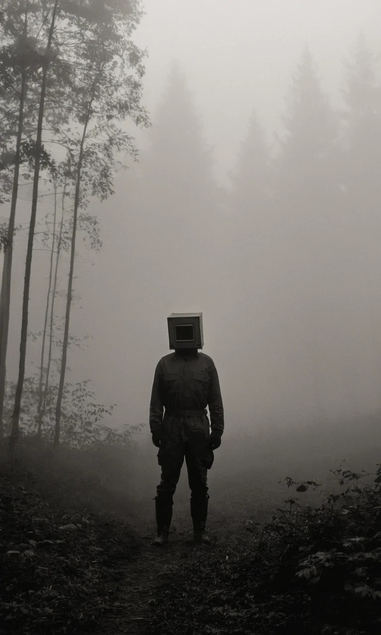 man standing, box head, fog, forest, mist, huleebstyle, monochrome, helmet, dark, <lora:HuleebStyle_v1:0.85>