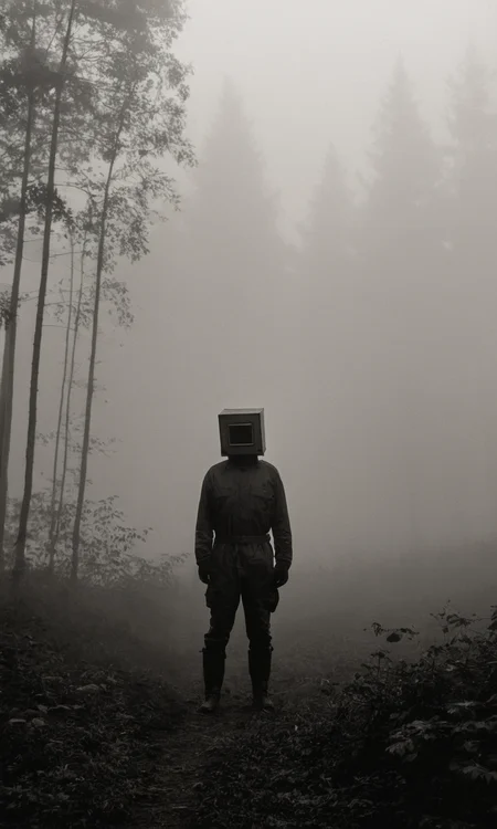 man standing, box head, fog, forest, mist, huleebstyle, monochrome, helmet, dark, <lora:HuleebStyle_v1:0.85>