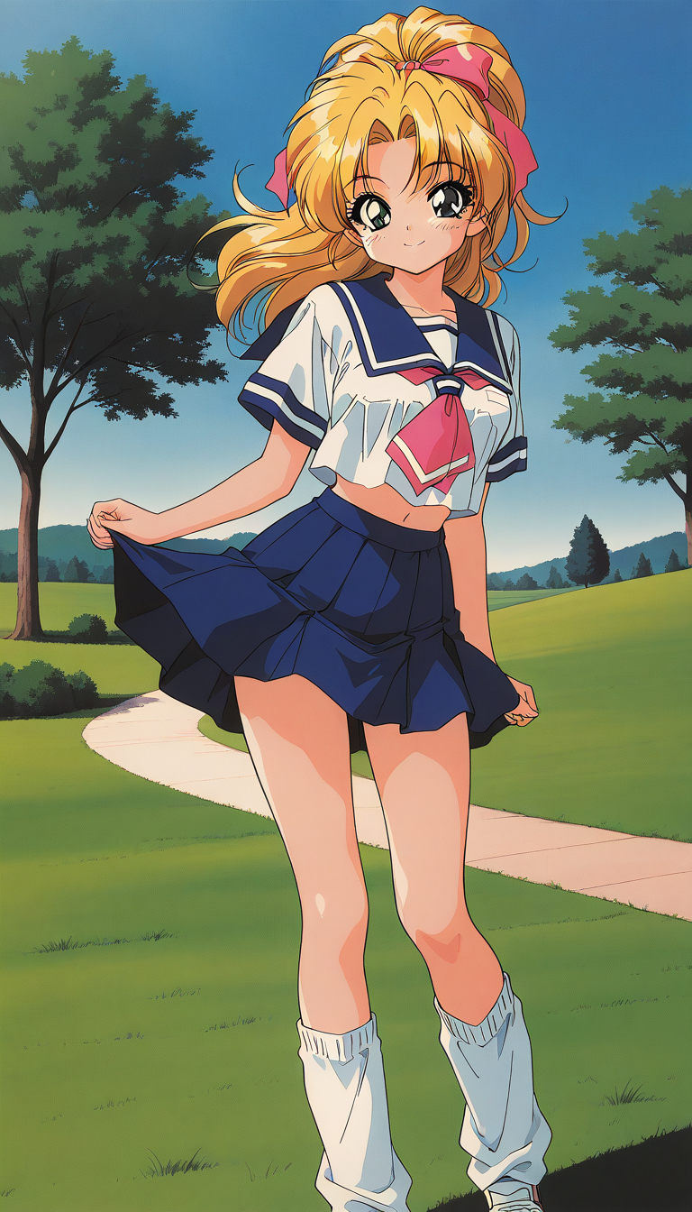 masterpiece, best quality, good quality, <lora:Fujimura_Yui_IS:1>Fujimura_Yui, blonde hair, high ponytail, long hair, pink bow, hair ribbon, green eyes, breasts, 
1girl, solo, school uniform, serafuku, socks, blue skirt, loose socks, standing, 1990s (style), midriff, looking at viewer, smile, grass, sky, tree, blue sky, morning,
