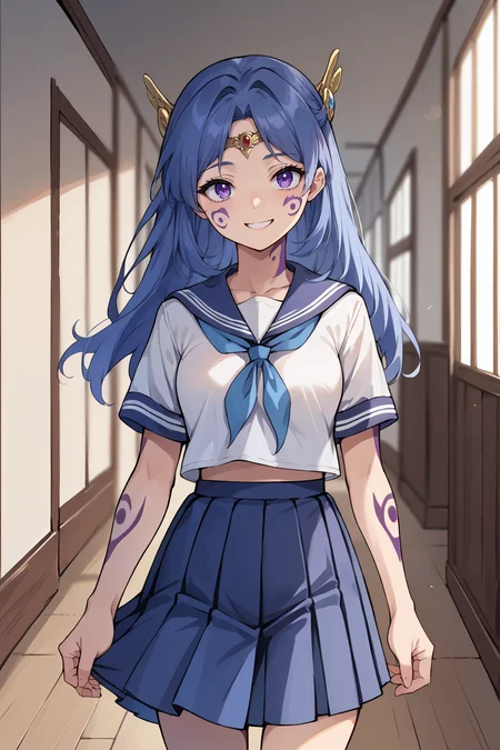 score_9, score_8_up, score_7_up, score_6_up, source_anime BREAK 1girl, solo <lora:tialuna-pdxl-nvwls-v1-000006:1> tialuna, blue hair, purple eyes, facial mark, tattoo, circlet, hair ornament, blue serafuku, white shirt, short sleeves, pleated skirt, hallway, smile, looking at you