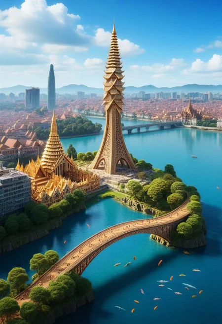 lazypos,8weod,(cf_style),inlay myanmar,
scenery,building,city,water,cityscape,sky,outdoors,cloud,cloudy sky,bridge,day,ruins,skyscraper,blue sky,ocean,tower,tree,fish,