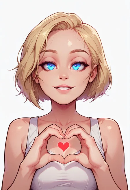 ((masterpiece)), high quality, safe_9, score_9, score_8_up, score_7_up, score_6_up,source_anime, Expressiveh, 1girl, petite, suzie, short blonde hair, blue eyes, perfect hands, perfect eyes, perfect lips, cute, sexy, hot, small eyes, heart fingers, heart shaped hands, dressed, top tank, light smile, perfect teeth, detailed, intricate details, perfection, perfect light, detailed light, g0thic, neon, glowing, melkor_style,
