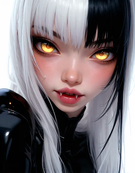 An extreme photorealistic upper body shot of a cat girl with mesmerizing golden eyes and slit pupils. She has long, flowing two-tone hair, white and black,  with striking, unrealistic beauty. Her pink lips curve slightly to reveal sharp fangs, and her long fingernails are a key feature of her sleek cat suit.Include tiny imperfections like pores, faint freckles, and slight skin texture variations to add realism.Realistic lip texture with soft lines, slight gloss, and natural color variation.Realistically detailed tear ducts, slightly moist, enhancing the natural appearance of the eyes.Faint, barely visible veins under the eyes, adding depth and authenticity to the skin.Individually rendered eyebrow hairs with natural variation in direction, length, and thickness.Variation in hair strand thickness, with some thinner and finer than others.Detailed texture on the cat suit, showing the weave or material pattern, such as leather, spandex, or velvet.Shadows that move with the character, responding to her position and the light source accurately.






























