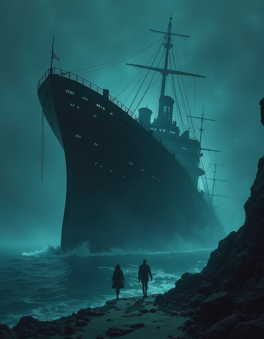 art by Giorgio de Chirico and Takeshi Obata, Ghostly shipwreck emerging from thick fog, phantom crew eternally re-enacting their final moments, Bioluminescent sea creatures illuminate the wreckage, Inspired by maritime ghost stories and deep-sea documentaries, Decaying ship details with translucent spectral figures, Murky ocean depths punctuated by ethereal glowing life, Haunting, tragic, watery purgatory, Perpetual gradients transitioning from molten coral through twilight indigo into dawn blush endlessly looping Weathered saddle leather, board-formed concrete, and blackened steel,, Surrealism, Metaphysical art, enigmatic and dreamlike cityscapes, exploration of subconscious, Death Note, Hikaru no Go, detailed artwork
