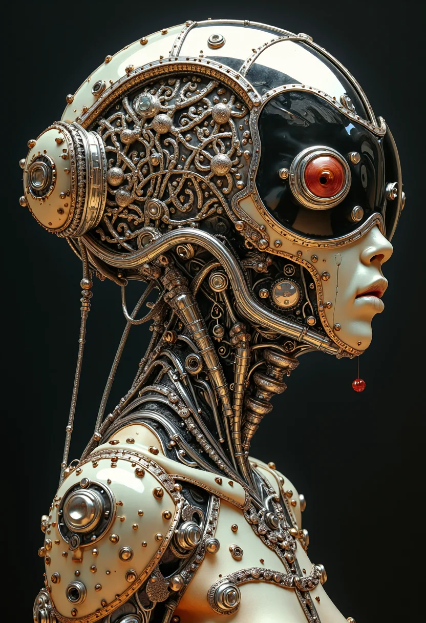 yfg-sm0rg, extraterrestrial space astronaut, village of hippies mushroom aliens, hot sexy alien women, blood, Roger Dean, silver, chrome, elegant, intricate, golden ratio, viewed from the side, black background