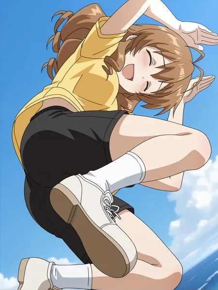 masterpiece,best quality,newest,
1girl,solo,
<lora:tokita_ayumi_ilxl_v1.1:1>,ayumi,a_clothes,black shorts,white footwear,white socks,embarrass,<lora:Fixhands_anime_bdsqlsz_V1:1>,open mouth,:d,blush,arm_above_head,rabbit pose,jumping,closed eyes,laughing,dynamic_angle,cinematic_angle,from_below,ocean,