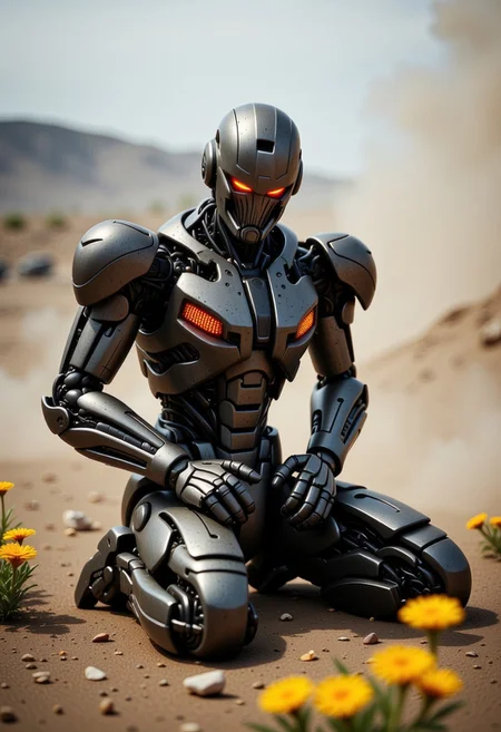 The gundam is rusted and broken, exposed wires and mechanic parts are sparking and on fire, one of the Gundams eyes glows red and the rest of its face is damaged. The gundam is missing an arm and kneels on a deserted battlefield. dust, debris and smoke surround the gundam. yellow flowers grow in the dirt