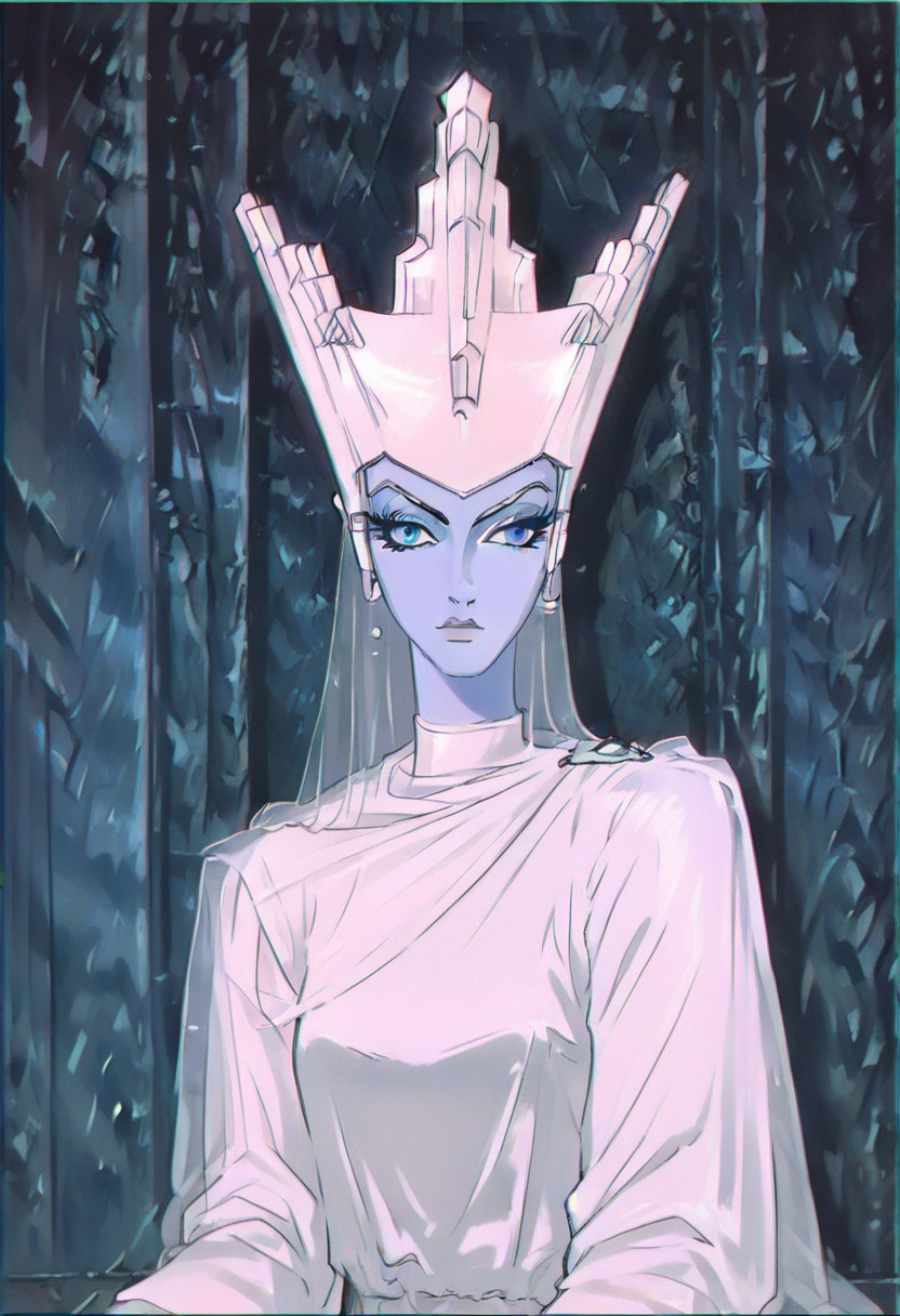 score_9, score_8_up, score_7_up, 1girl, solo, sn0wqu33n, colored skin, blue skin, blue eyes, crown, cape, white dress, closeup, portrait, flat color, Vintage, 1990s \(style\), sharp lines,