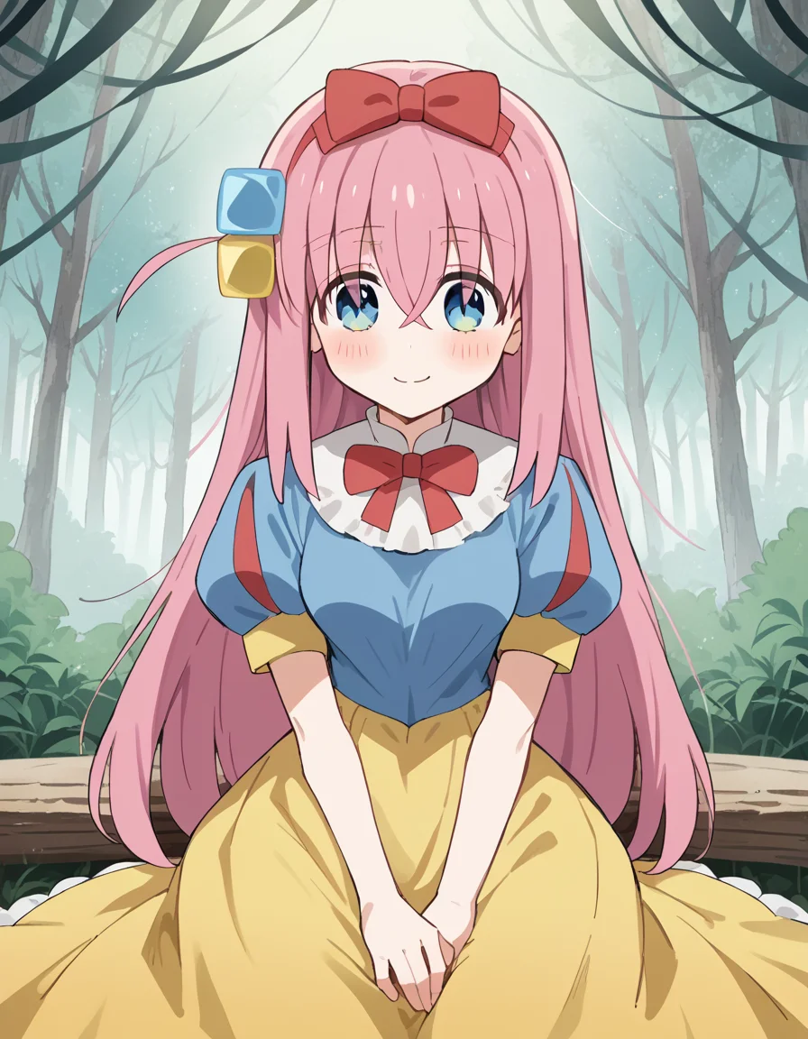 score_9, score_8_up, score_7_up, source_anime, hitorigotou, <lora:hitori-gotou-s1-ponyxl-lora-nochekaiser:1>, hitori gotou, blue eyes, cube hair ornament, hair between eyes, hair ornament, pink hair, one side up, long hair, medium breasts,, <lora:snow-white-cosplay-ponyxl-lora-nochekaiser:1>, snow white cosplay, snow white (disney) (cosplay), cosplay, dress, hair bow, puff and slash sleeves, puffy short sleeves, puffy sleeves, red bow, short sleeves, skirt, yellow skirt, yellow dress,, forest, sitting, smile, blush, apple,, cowboy shot,