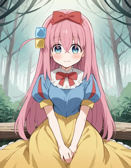 score_9, score_8_up, score_7_up, source_anime, hitorigotou, <lora:hitori-gotou-s1-ponyxl-lora-nochekaiser:1>, hitori gotou, blue eyes, cube hair ornament, hair between eyes, hair ornament, pink hair, one side up, long hair, medium breasts,, <lora:snow-white-cosplay-ponyxl-lora-nochekaiser:1>, snow white cosplay, snow white (disney) (cosplay), cosplay, dress, hair bow, puff and slash sleeves, puffy short sleeves, puffy sleeves, red bow, short sleeves, skirt, yellow skirt, yellow dress,, forest, sitting, smile, blush, apple,, cowboy shot,