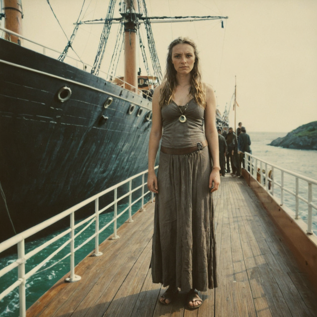 polaroid film photography, faded film, soft focus, viking woman standing on ship