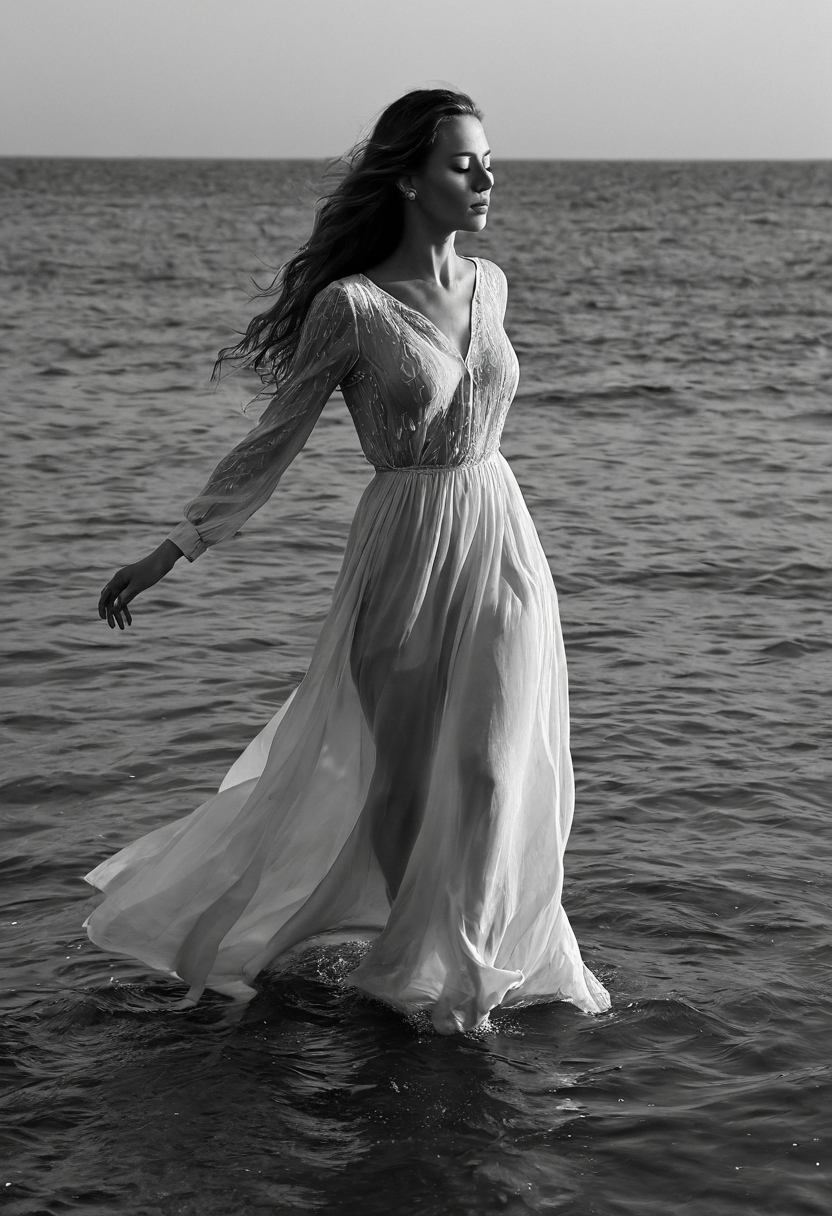 cinematic still a woman is walking by the water with a flowing dress on, 1girl, solo, long hair, long sleeves, dress, closed mouth, standing, monochrome, closed eyes, greyscale, outdoors, water, lips, see-through, floating hair, ocean, wind, realistic, nose, horizon . emotional, harmonious, vignette, 4k epic detailed, shot on kodak, 35mm photo, sharp focus, high budget, cinemascope, moody, epic, gorgeous, film grain, grainy, (masterpiece), (best quality), (ultra-detailed), a woman is walking by the water with a flowing dress on, 1girl, solo, long hair, long sleeves, dress, closed mouth, standing, monochrome, closed eyes, greyscale, outdoors, water, lips, see-through, floating hair, ocean, wind, realistic, nose, horizon, illustration, disheveled hair, detailed eyes, perfect composition, moist skin, intricate details, earrings, a woman is walking by the water with a flowing dress on, 1girl, solo, long hair, long sleeves, dress, closed mouth, standing, monochrome, closed eyes, greyscale, outdoors, water, lips, see-through, floating hair, ocean, wind, realistic, nose, horizon, sharp focus, very detailed, highly attractive, dramatic