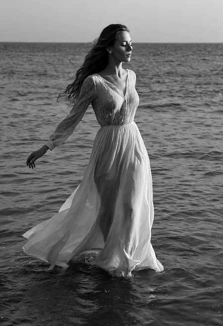 cinematic still a woman is walking by the water with a flowing dress on, 1girl, solo, long hair, long sleeves, dress, closed mouth, standing, monochrome, closed eyes, greyscale, outdoors, water, lips, see-through, floating hair, ocean, wind, realistic, nose, horizon . emotional, harmonious, vignette, 4k epic detailed, shot on kodak, 35mm photo, sharp focus, high budget, cinemascope, moody, epic, gorgeous, film grain, grainy, (masterpiece), (best quality), (ultra-detailed), a woman is walking by the water with a flowing dress on, 1girl, solo, long hair, long sleeves, dress, closed mouth, standing, monochrome, closed eyes, greyscale, outdoors, water, lips, see-through, floating hair, ocean, wind, realistic, nose, horizon, illustration, disheveled hair, detailed eyes, perfect composition, moist skin, intricate details, earrings, a woman is walking by the water with a flowing dress on, 1girl, solo, long hair, long sleeves, dress, closed mouth, standing, monochrome, closed eyes, greyscale, outdoors, water, lips, see-through, floating hair, ocean, wind, realistic, nose, horizon, sharp focus, very detailed, highly attractive, dramatic