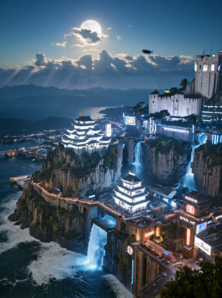 <lora:YCO_xl_F1c:1> yco_xl, fortified castle, fortified town, outside, vegetation, wet, blue sky, day, tree, sunny, on top of a rocky mountain, <lora:City_Worldsv2:0.7> realistic photo of citybkg, cyberpunk, ambiance, clouds, airship, very detailed, mega structures, futuristic, side view, high buildings, illuminated, city lights, billboards on buildings, street, signs, shops, illuminated, kanji, fortified bridge, neons, white colored castle wall bricks, huge waterfall, from above, five towers, one separate tower, sea, waves, islands,