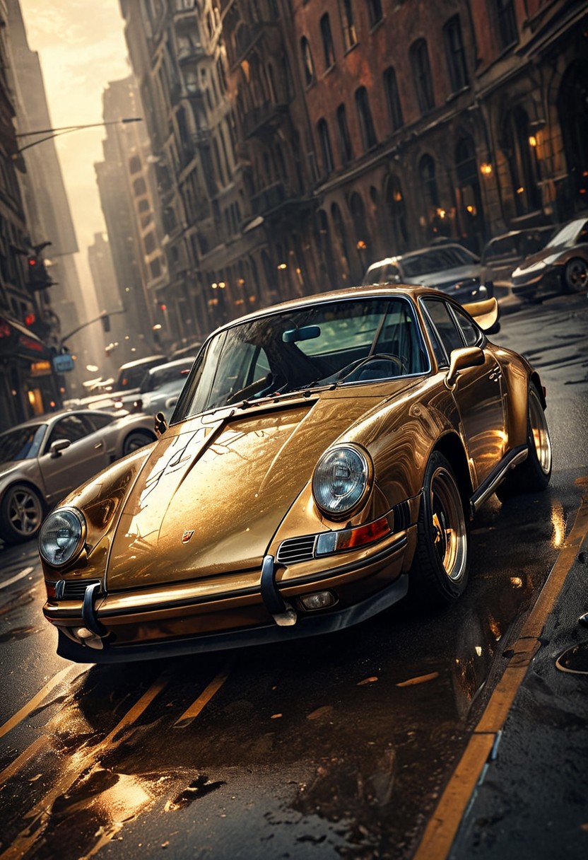 artwork Fantasy art by Aleksi Briclot,high quality, photorealistic, incredible details, realistic lighting,  old porsche, perfect lighting, evening, vibrant, high detailed, epic, aesthetic, hyper detailed, smooth, high contrast, volumetric lighting, golden ratio, octane, vibrant rich deep color,high contrast, well defined