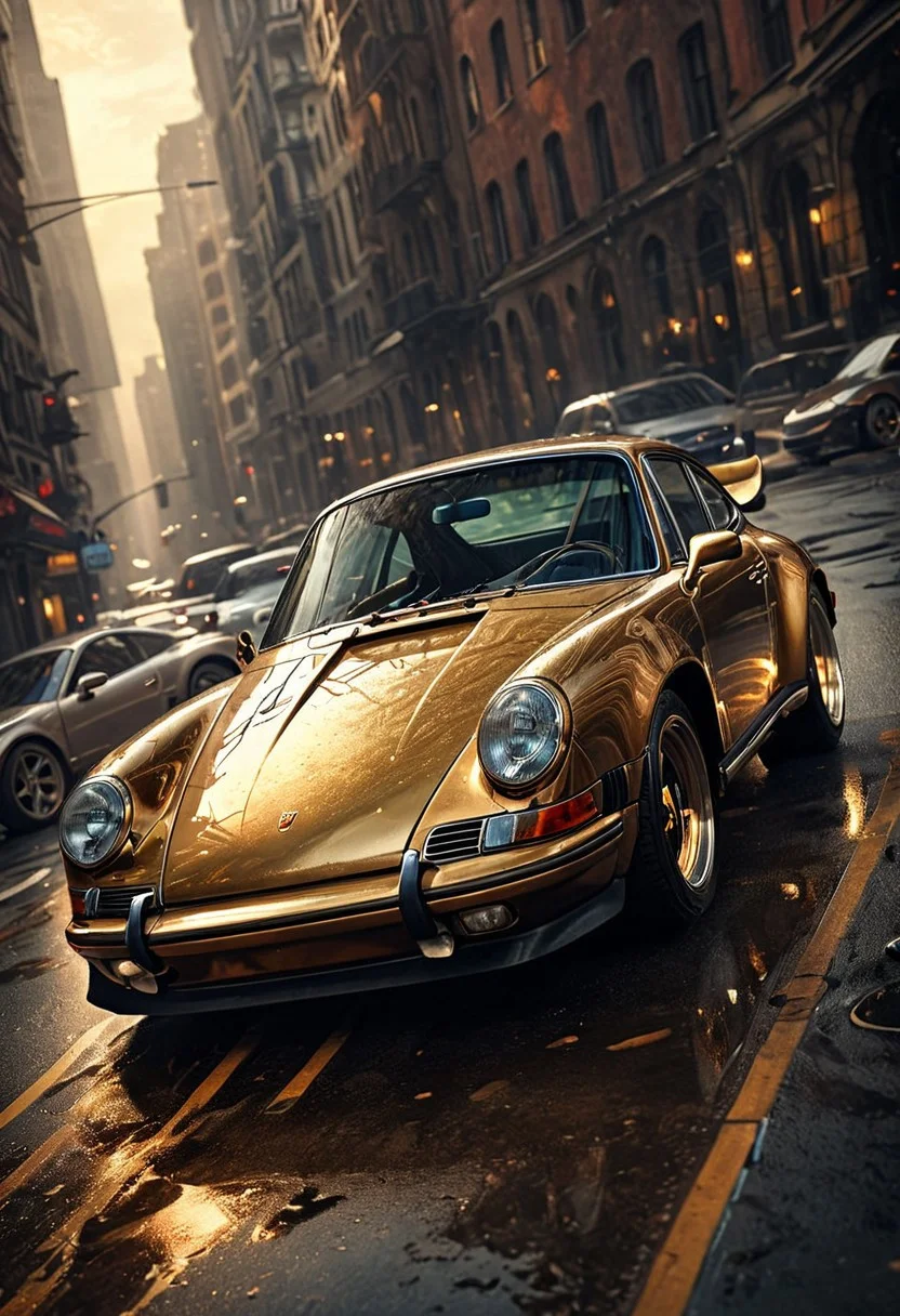 artwork Fantasy art by Aleksi Briclot,high quality, photorealistic, incredible details, realistic lighting, old porsche, perfect lighting, evening, vibrant, high detailed, epic, aesthetic, hyper detailed, smooth, high contrast, volumetric lighting, golden ratio, octane, vibrant rich deep color,high contrast, well defined