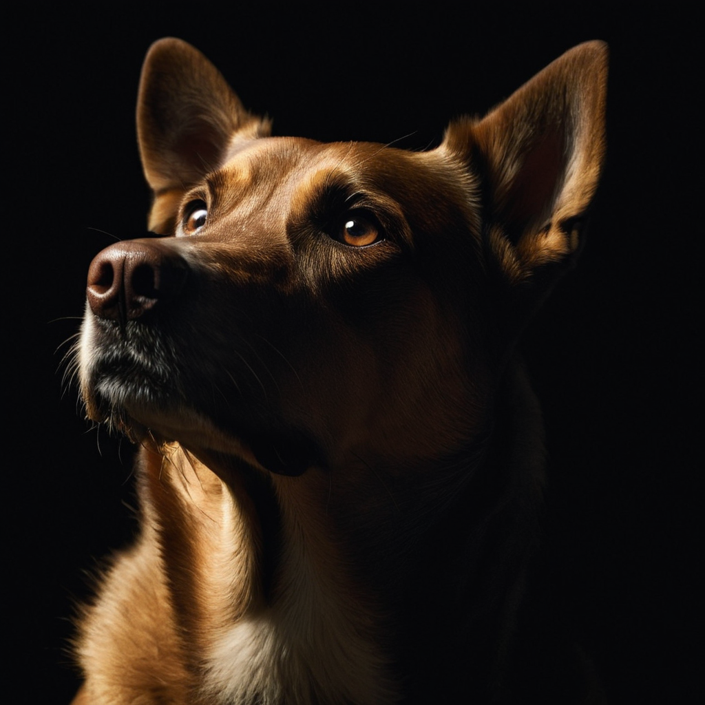 cinematic film still of  <lora:Chiaroscuro Lighting Style v3:1>
Chiaroscuro Lighting Style of a dog is looking up at something in the dark, sharp, detailed, perfect, perfection, realism, cinematic exposure, cinematic color, cinematic contrast, dramatic style, cinematic style, dramatic shadow, partially covered in shadow, Chiaroscuro Lighting Style, solo, 1boy, brown eyes, male focus, from side, no humans, animal, black background, realistic, animal focus, simple background, dog, monochrome
, shallow depth of field, vignette, highly detailed, high budget, bokeh, cinemascope, moody, epic, gorgeous, film grain, grainy