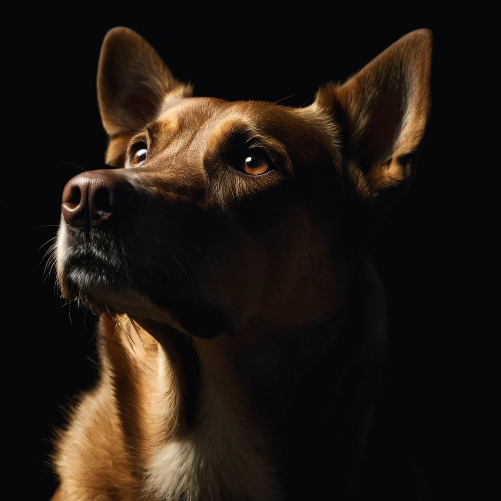 cinematic film still of <lora:Chiaroscuro Lighting Style v3:1>
Chiaroscuro Lighting Style of a dog is looking up at something in the dark, sharp, detailed, perfect, perfection, realism, cinematic exposure, cinematic color, cinematic contrast, dramatic style, cinematic style, dramatic shadow, partially covered in shadow, Chiaroscuro Lighting Style, solo, 1boy, brown eyes, male focus, from side, no humans, animal, black background, realistic, animal focus, simple background, dog, monochrome
, shallow depth of field, vignette, highly detailed, high budget, bokeh, cinemascope, moody, epic, gorgeous, film grain, grainy