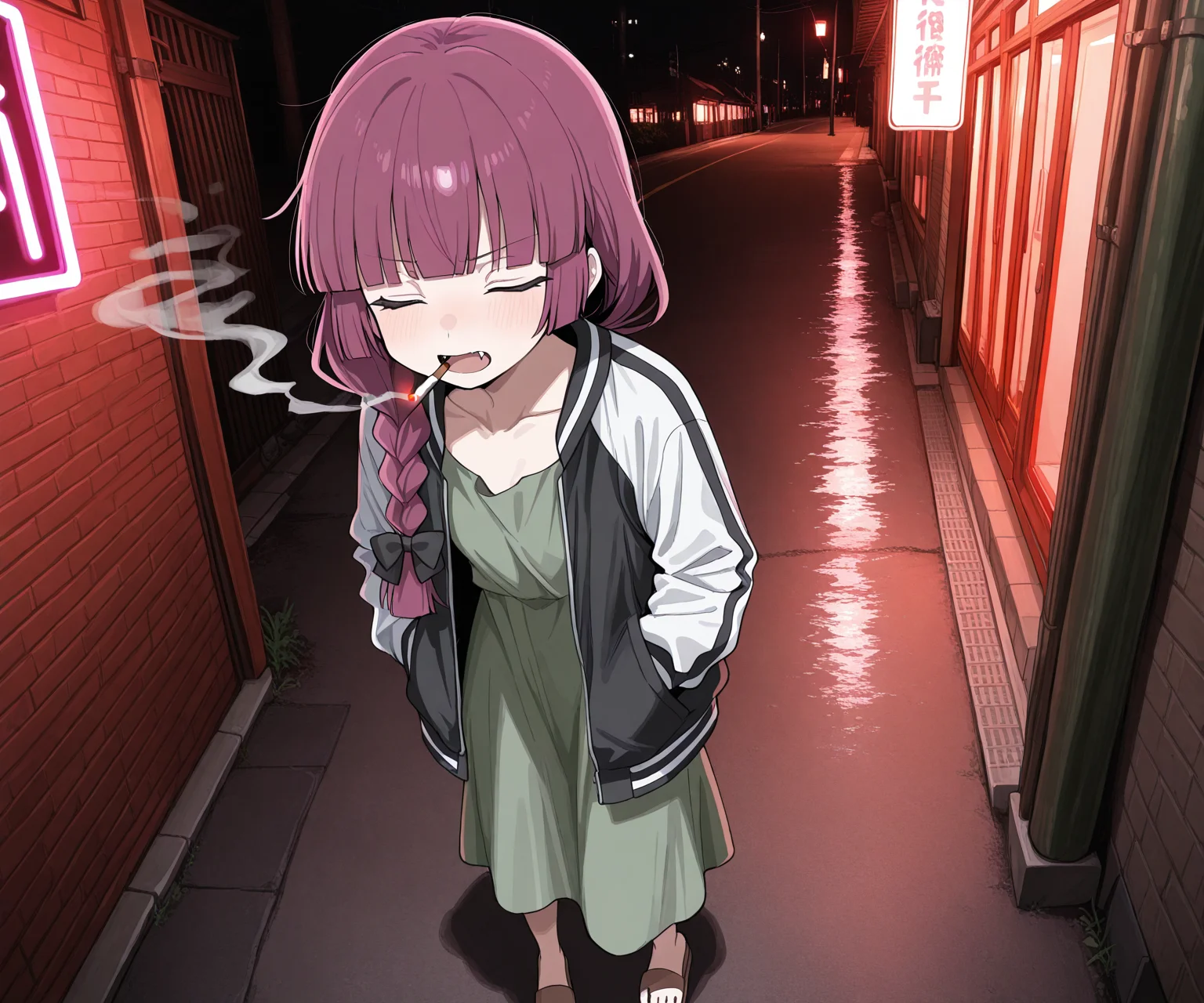 masterpiece, best quality, amazing quality,  1girl, solo,   smoking, , <lora:Uwata_h ILXL:1> Uwata_h,   <lora:kikuri-hiroi-s1-ponyxl-lora-nochekaiser:0.6> kikuri hiroi, black bow, blunt bangs, braid, closed eyes, purple eyes, fang, hair bow, hair over shoulder, long hair, purple hair, sidelocks, single braid, fangs, black jacket, brown footwear, collarbone, dress, green dress, jacket, long sleeves, open clothes, open jacket, raglan sleeves, sandals, white sleeves, <lora:red light district ILL-v2:0.7> red light district,  dark background, red light, neon light, night, outdoors,