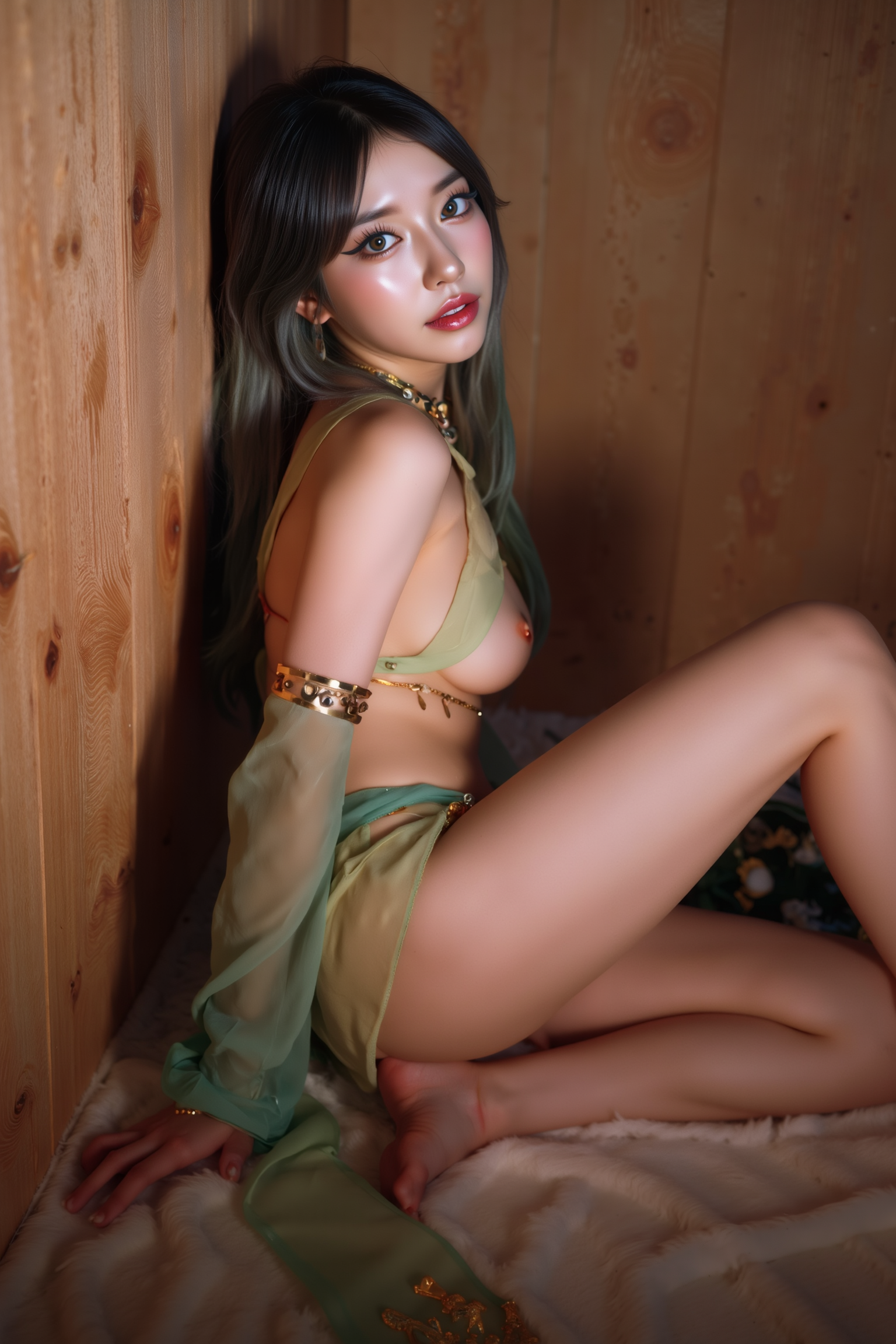 A professional, high-resolution image of a young woman in a casual leaning pose against a textured wall. Her shoulders rest against the surface with one foot crossed over the other, creating a relaxed triangular stance. One hand rests in her pocket while the other hangs naturally, conveying an approachable yet sophisticated mood.

She is wearing a green SGWN73Clothing. Her makeup is dramatic, with dark eyeliner and bold, glossy pink lips. 

The lighting features a high-contrast, monochromatic white color scheme that creates a moody, intimate atmosphere. 

The photography technique uses what appears to be soft lighting to create a glamorous effect, with careful attention to highlighting contours while maintaining the dominant light brown color scheme throughout the frame.

The overall aesthetic combines elements of fashion photography, traditional Asian visual motifs, and contemporary boudoir styling. The dramatic light brown lighting creates a cohesive visual theme that ties all elements of the composition together.

The white light emit on her to show her feature.