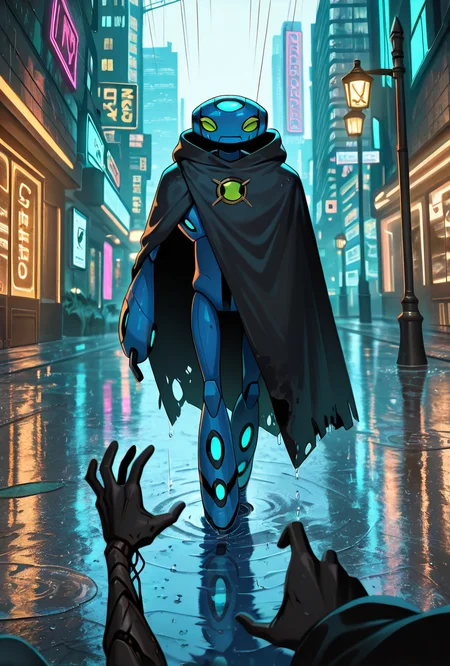 <lora:ulteco-10:1> ulteco, pokemon (creature),blue robot, green eyes, closed mouth, dark scene, missing left arm, damaged robot, cloak, hood, black cloak, lamp post,raining, cyberpunk city, lamp post pov, birds view, neon lights, puddle, , ray tracing,, masterpiece, best quality, amazing quality, very aesthetic, absurdres, newest,