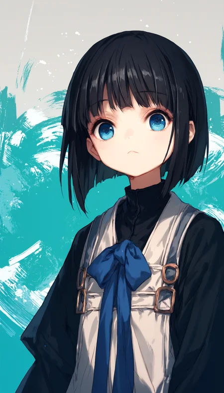 score_9, score_8_up, score_7_up, score_6_up, score_5_up, score_4_up, rating_safe, source_anime, hitomaru_style, hitomaru_face,
BREAK
1girl, solo, black hair, blue eyes, close up, abstract background, <lora:hito pony-000020:1>