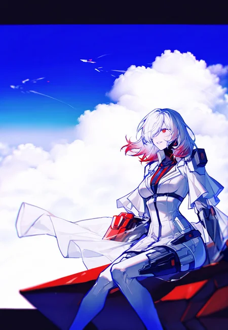 ((masterpiece, newest, recent, absurd res, absurdres, best quality, hi res, highres)),
smartredbookcoser,
1girl, solo, armored core, (ayre \(armored core vi\):2), white hair, red hair, red eyes, medium hair, white clothes, (red clothes:0.6), mech pilot suit, bodysuit, dress, (pale skin:0.7), hair over one eye, (gradient hair:0.6), skin tight, capelet, short dress, see-through_body,
(Red theme, white theme:0.6), simple background, clouds, science fiction, wind, sitting, floating, soft smile, white mecha, portrait,