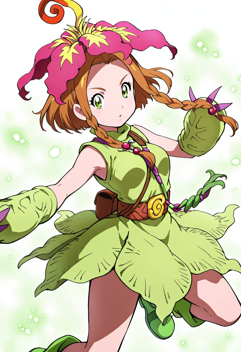 masterpiece, best quality, 1girl, solo, eyelashes, (beautiful eyes), dynamic pose,   zzPalmon, 1girl, solo, short hair with leaf ends, side braid with flower beads, sleeveless dress with jungle print, arm wraps with pollen dust, layered floral belt, green boots with vine embroidery, mid-jump through a burst of pollen clouds. aged up,    ,<lora:PalmonDigimon_IXL:1.0>,