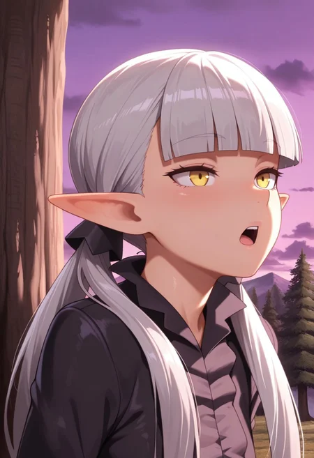 masterpiece,best quality,amazing quality, belzebuth, grey hair, pointy ears, twintails, elf, yellow eyes, 1girl, solo, long hair, tree,  outdoors, blunt bangs, cloud, open mouth, sky, low twintails, purple sky